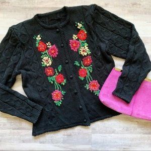 Vintage 90s Black Cable Knit Crewel Floral Embroidered Tyrolean Cardigan Sweater